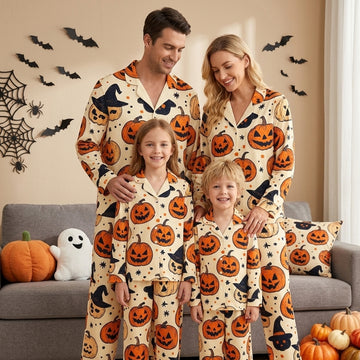 Whimsical Halloween Witch Hat & Jack-o'-Lantern Print Matching Family Pajama Set, Button-Down Cotton Loungewear