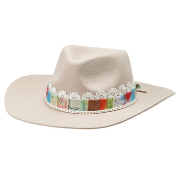 Off-White Rolled Brim Felt Hat with Lace & Art Band