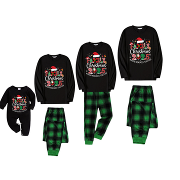 Black Top and Green Plaid Pants Christmas Pajamas Set With "Family Christmas 2025 Making Memories Together" Text Print
