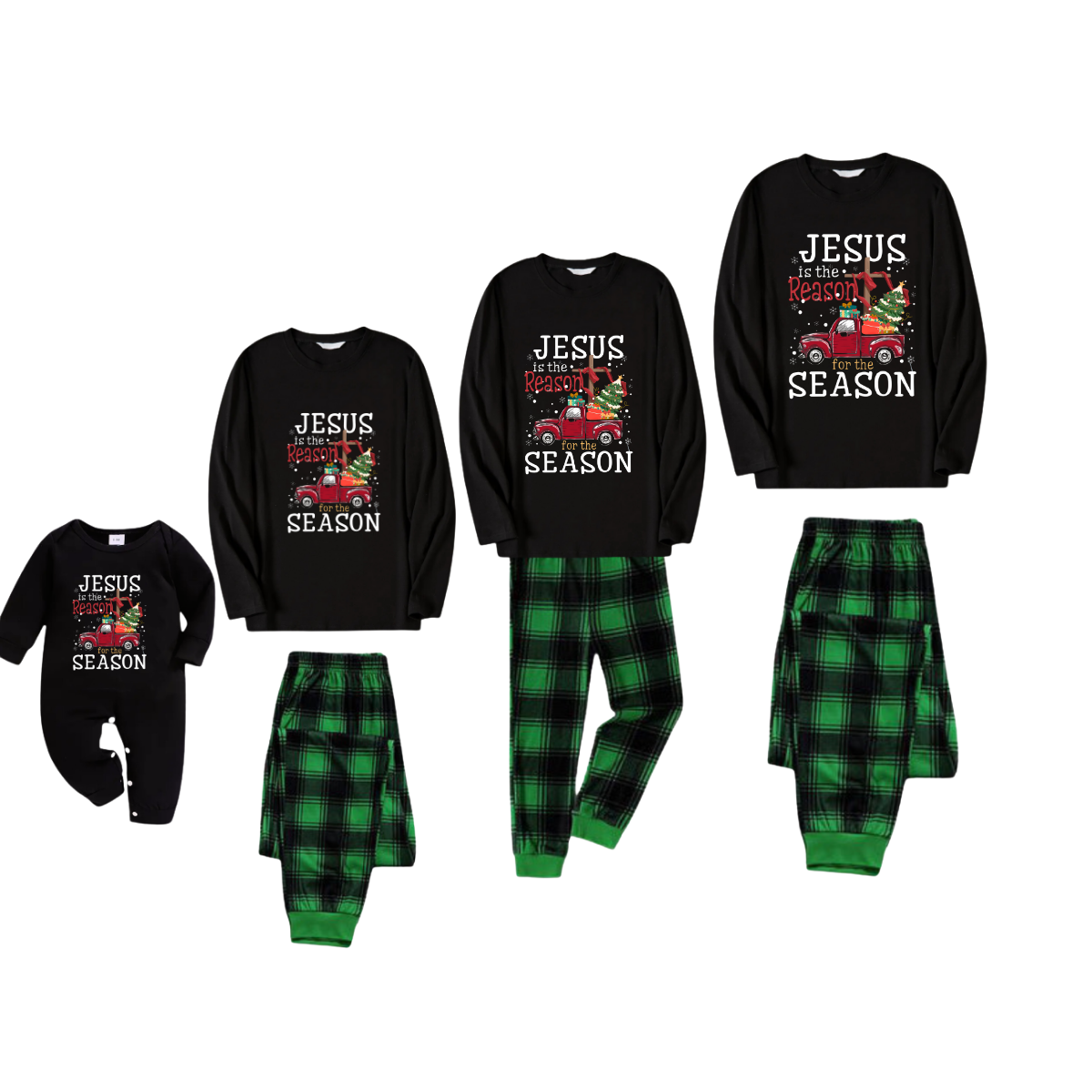 Black Top and Green Plaid Pants Christmas Pajamas Set With "Jesus is the Reason for the Season" Text Print