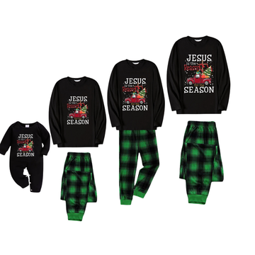 Black Top and Green Plaid Pants Christmas Pajamas Set With "Jesus is the Reason for the Season" Text Print