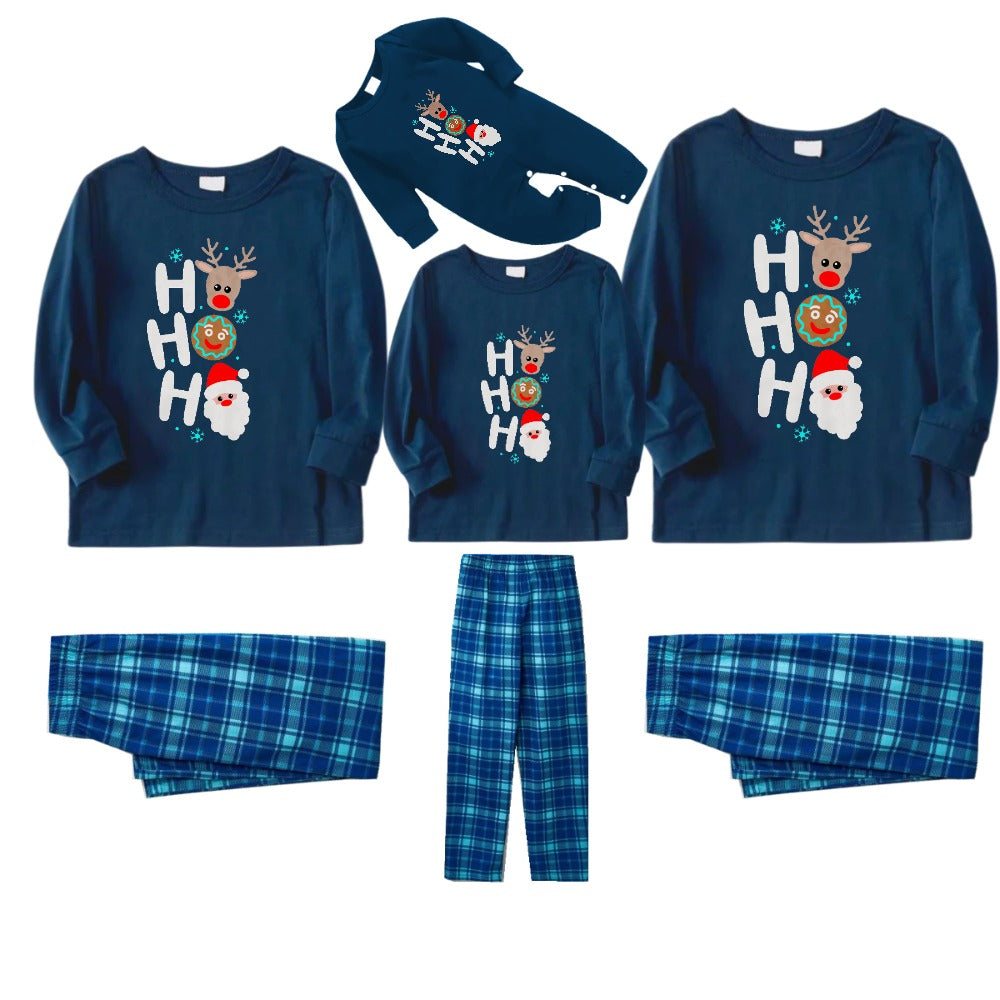 Christmas Family Matching Pajamas-Navy & Sky Blue Plaid Pjs Set with Holiday HO HO HO Print