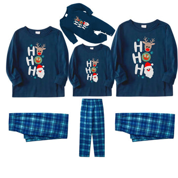 Christmas Family Matching Pajamas-Navy & Sky Blue Plaid Pjs Set with Holiday HO HO HO Print