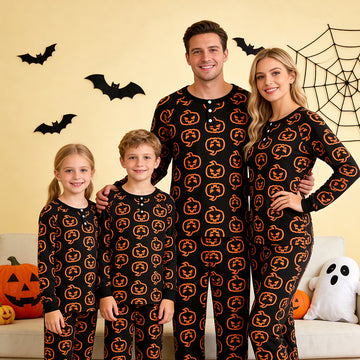 Spooky Halloween Jack-O'-Lantern Print Matching Family Pajama Set, Long Sleeve Henley Cotton Loungewear