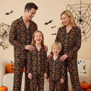 Spooky Halloween Neon Jack-o'-Lantern Print Matching Family Pajama Set, Button-Down Cotton Loungewear