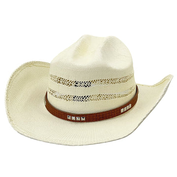 Straw Hat with Patterned Leather & Metal Clasp