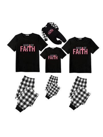 Black and White Plaid Short Sleeve Pajamas Set with Man Of Faith Text Printed