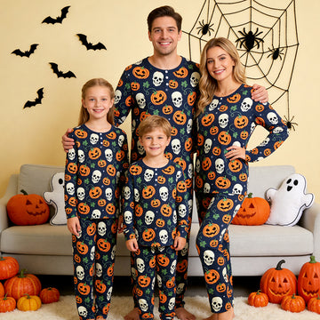 Spooky Halloween Skull & Jack-O'-Lantern Print Matching Family Pajama Set, Long Sleeve Henley Cotton Loungewear