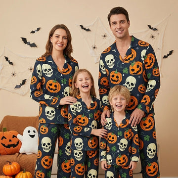 Spooky Halloween Skull & Jack-o'-Lantern Print Matching Family Pajama Set, Button-Down Cotton Loungewear