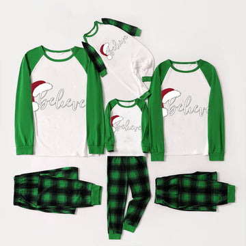 Christmas Hat and ‘Believe“ Letter Print Patterned Green Sleeve Contrast Tops and Black and Green Plaid Pants Family Matching Raglan Long-sleeve Pajamas Sets With Dog Bandana