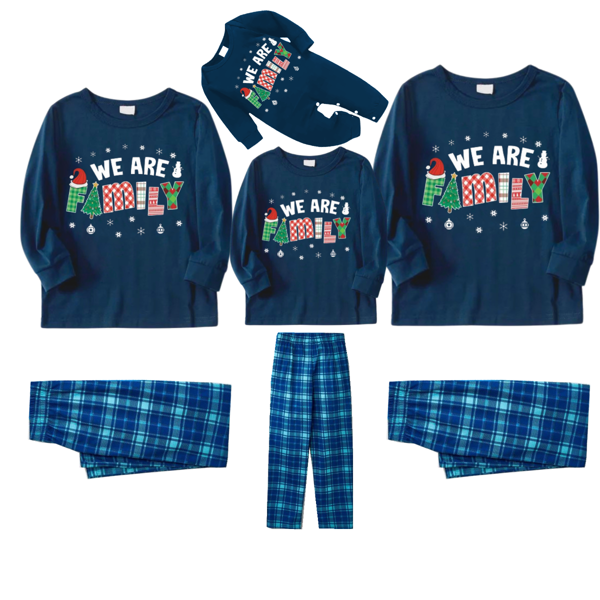 Cute "We are Family" Print Blue Long Sleeve Top With Blue Plaid Family Matching Pajamas