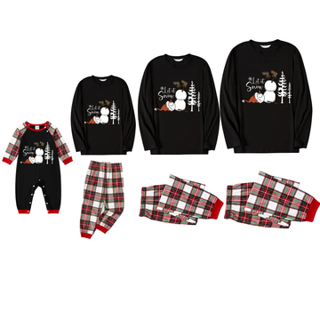 "Let it Snow" Snowman Pattern Black Top with Red & White & Green Plaid Pants Family Matching Pajamas