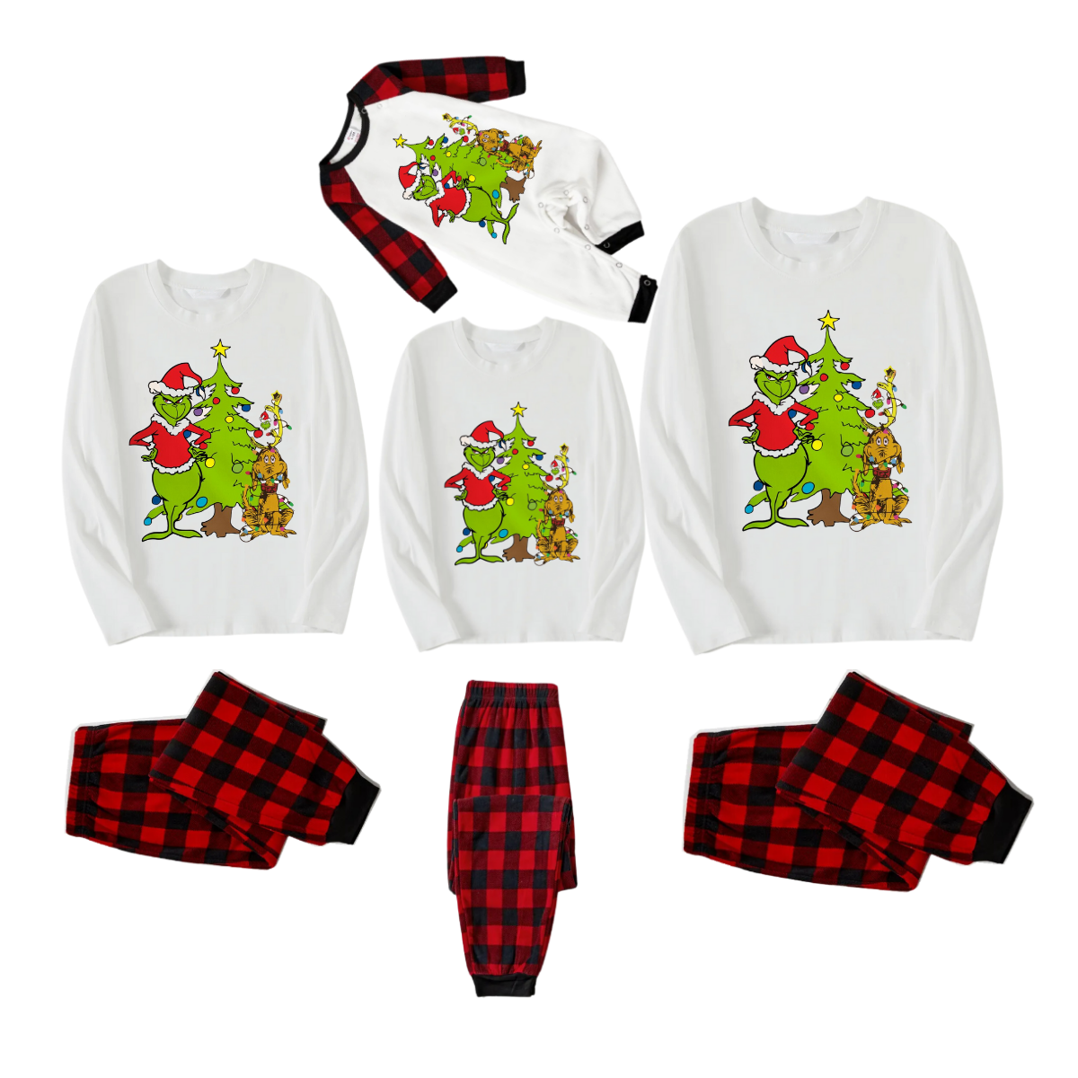 Christmas Cartoon Pattern and Tree Printed Red & Black Plaid Family Matching Pajamas