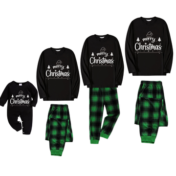 "Merry Christmas" White Letter 2024 Black Long Sleeve Top with Black And Green Plaid Pants Family Matching Pajamas