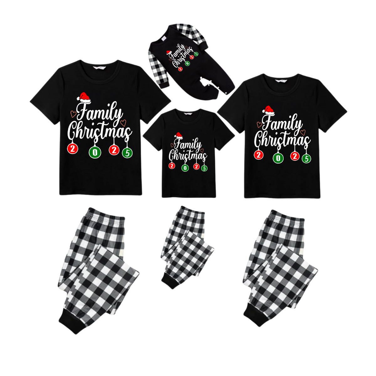 Make Christmas Great Again Family Pajamas Set - Black Top Black and White Plaid Pants Santa Claus Graphic