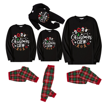 "2024 Christmas Crew" Text and Christmas Pattern Printed Red and Green Plaid Family Matching Pajamas