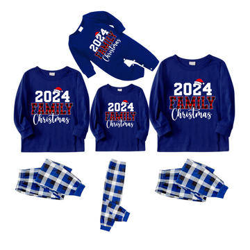 "2024 Family Christmas" Text Printed  Blue and White Plaid Family Matching Pajamas