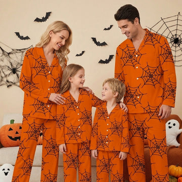 Spooky Halloween Black Spiderweb Print on Orange Matching Family Pajama Set, Button-Down Cotton Loungewear