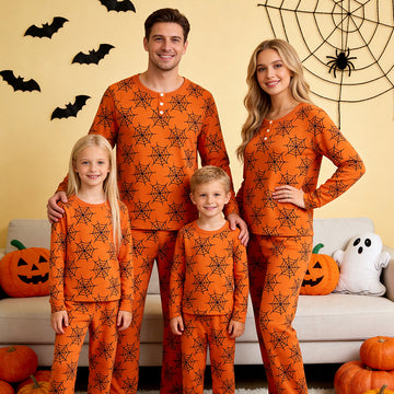 Vibrant Halloween Spiderweb Print Matching Family Pajama Set, Long Sleeve Henley Cotton Loungewear