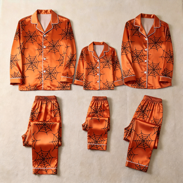 Orange Spider Web Print Satin Button-Up Family Halloween Pajamas Set