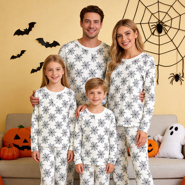 Classic Halloween Spiderweb Print Matching Family Pajama Set, Long Sleeve Henley Cotton Loungewear