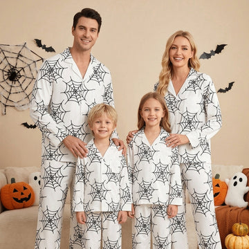 Minimalist Halloween Black Spiderweb Print on White Matching Family Pajama Set, Button-Down Cotton Loungewear