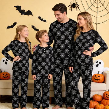 Mysterious Halloween Black & White Spiderweb Print Matching Family Pajama Set, Long Sleeve Henley Cotton Loungewear