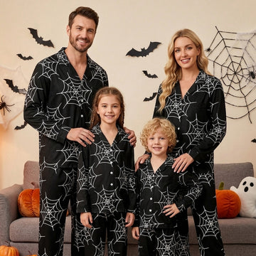 Gothic Halloween White Spiderweb on Black Print Matching Family Pajama Set, Button-Down Cotton Loungewear