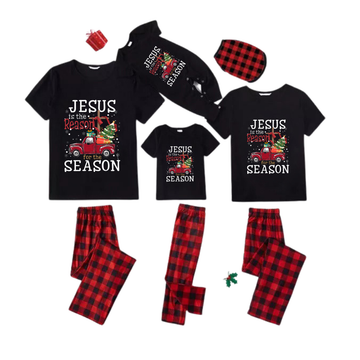 Red and Black Plaid Short Sleeve Christmas Pajamas Set With "Jesus is the Reason for the Season" Text Print