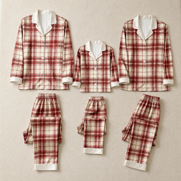 Red and Cream Plaid Satin Button-Up Family Christmas Pajamas Set
