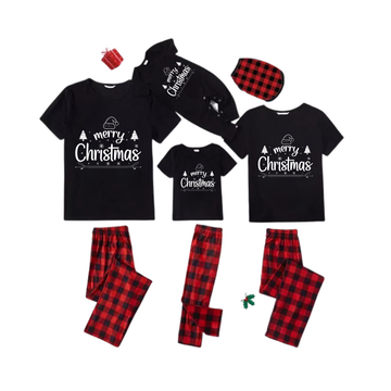 Merry Christmas White Letter Family Pajamas Set - Black Top Red Pants Red Plaid Pattern Letter Print