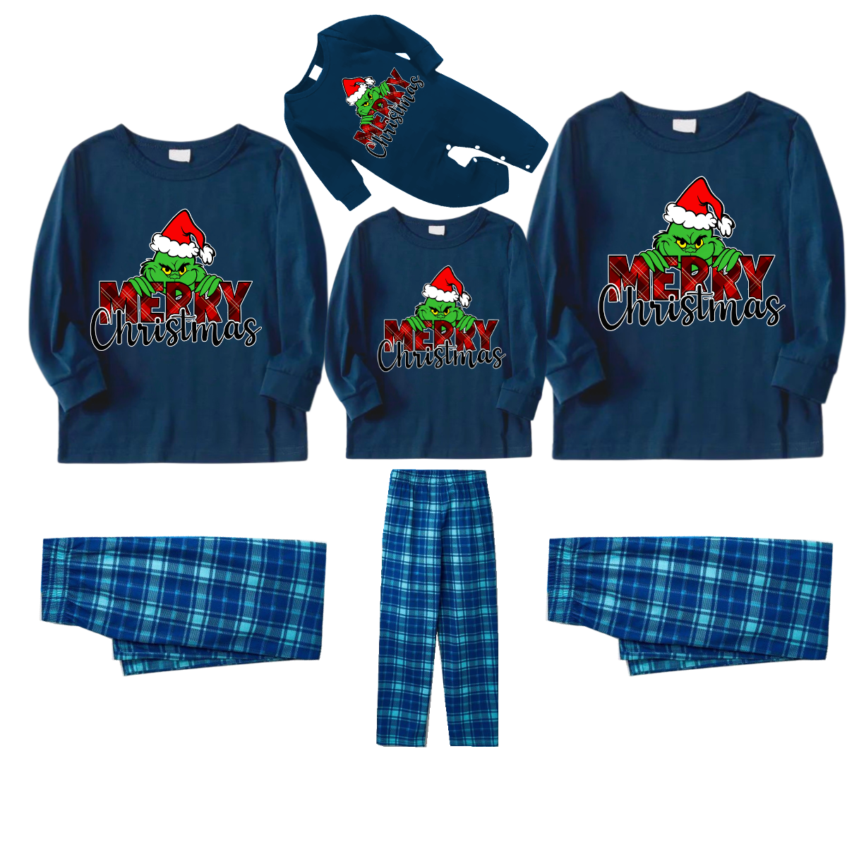 "Merry Christmas" Letter Print 2024 Green Elf Cartoon Pattern Blue Long Sleeve Top With Blue Plaid Family Matching Pajamas