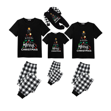 Snoopy and Woodstock Christmas Tree Family Pajamas Set - Black Top Black and White Plaid Pants Cute Graphic
