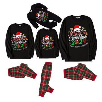 "Family Christmas 2024 Making Memories Together" Text and Santa Hat Printed Red and Green Plaid Family Matching Pajamas