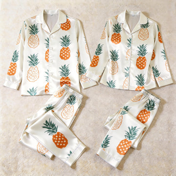 Tropical Orange Pineapple Print Satin Matching Pajamas for Couples – Long Sleeve Button-Down Top & Pants Sleepwear Set