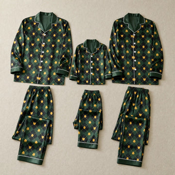 Green Argyle Heart Print Satin Button-Up Family Pajamas Set