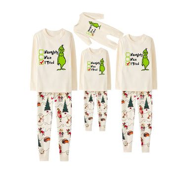 Beige Christmas Pattern Print Christmas Pajamas Set With Grinch and Funny Text Print