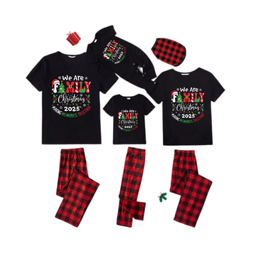 We Are Family Christmas 2025 Family Pajamas Set - Black Top Red Pants Red Plaid Pattern Christmas Letter Print