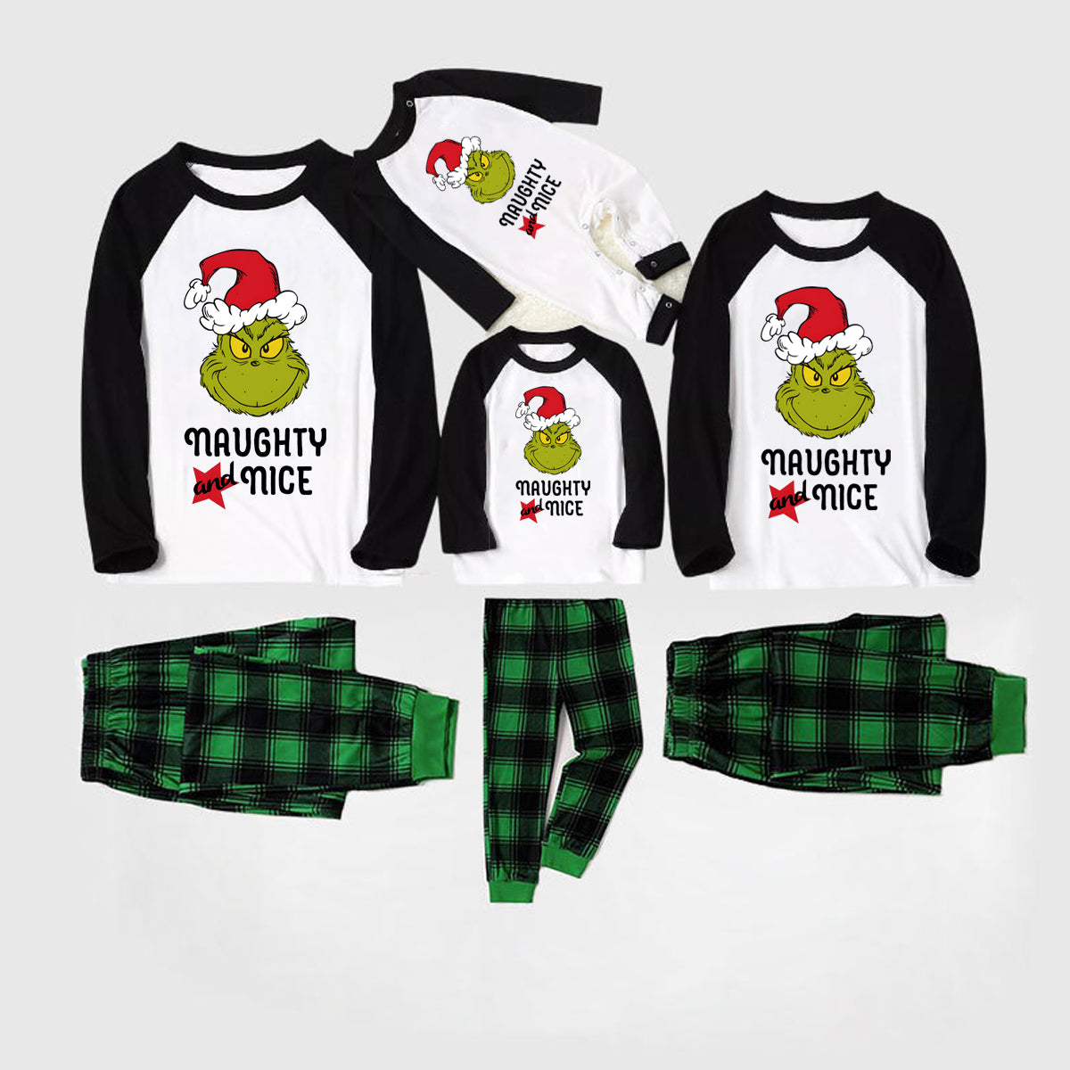 Christmas "Naughty&Nice" Letter Print Patterned Casual Long Sleeve Sweatshirts Black Contrast Top and Black and Green Plaid Pants Family Matching Pajamas Sets With Pet Bandana