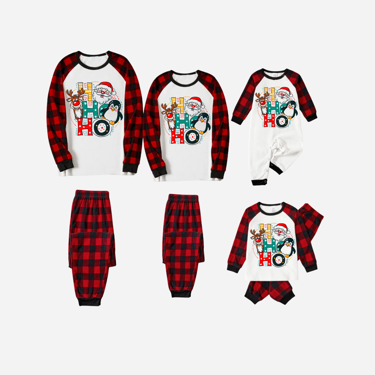 Red and Black Plaid Christmas Pajamas Set With "HO HO HO" Pattern Print