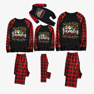 Red and Black Plaid Christmas Pajamas Set With Christmas Light and "2025 Family Christmas" Text Print