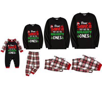 "Dear Santa They are The Naughty Ones" Slogan Printed Red & White & Green Plaid Family Matching Pajamas