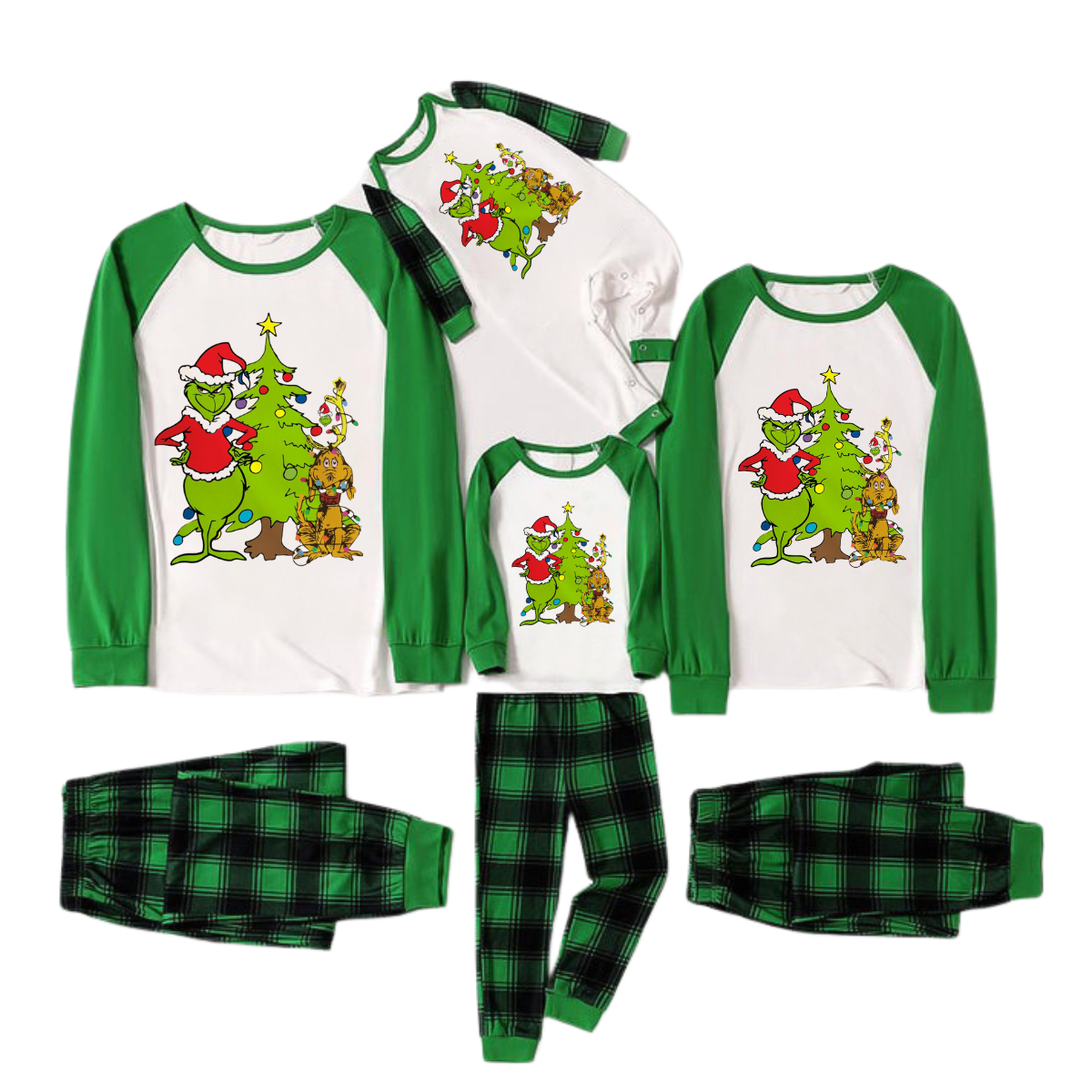 Cartoon Pattern and Christmad Tree Printed Green Plaid Long Sleeve Christmas Family Pajamas