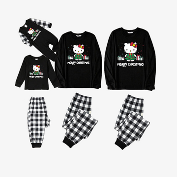 Merry Christmas Letter & Hello Kitty Pattern Black&White Plaid Family Pajama Sets