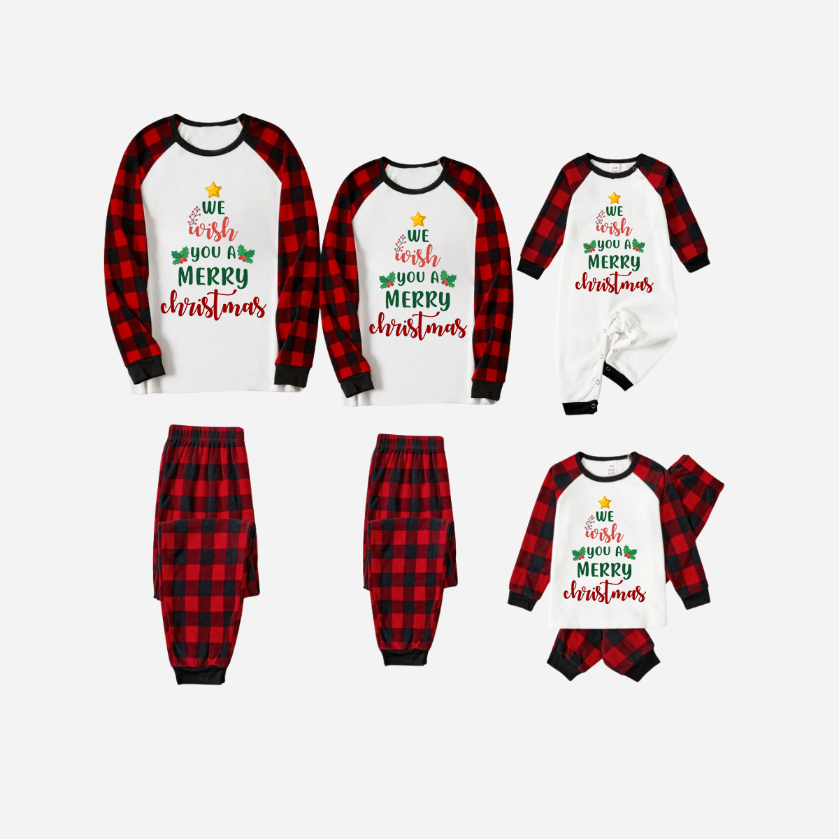 Red and Black Plaid Christmas Pajamas Set  With "We Wish You a Merry Christmas" Text Print