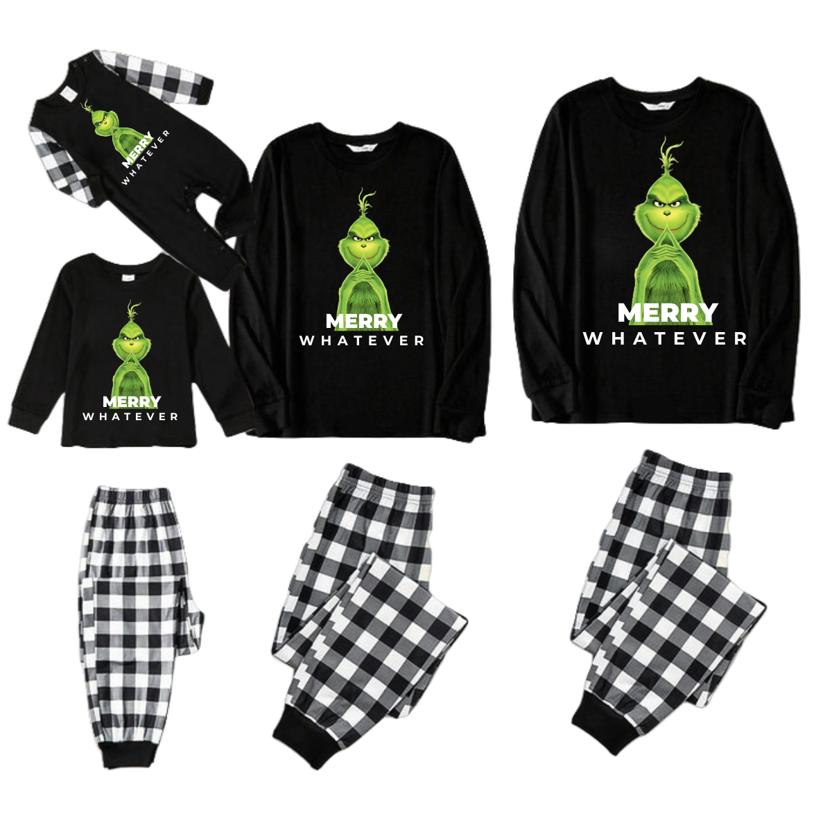 Cute Cartoon Pattern and "Merry Whatever" Slogan Printed Black and White Plaid Family Matching Pajamas