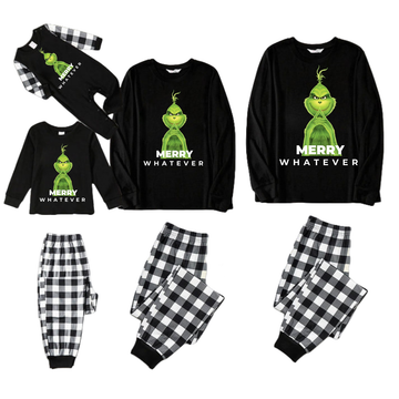 Cute Cartoon Pattern and "Merry Whatever" Slogan Printed Black and White Plaid Family Matching Pajamas