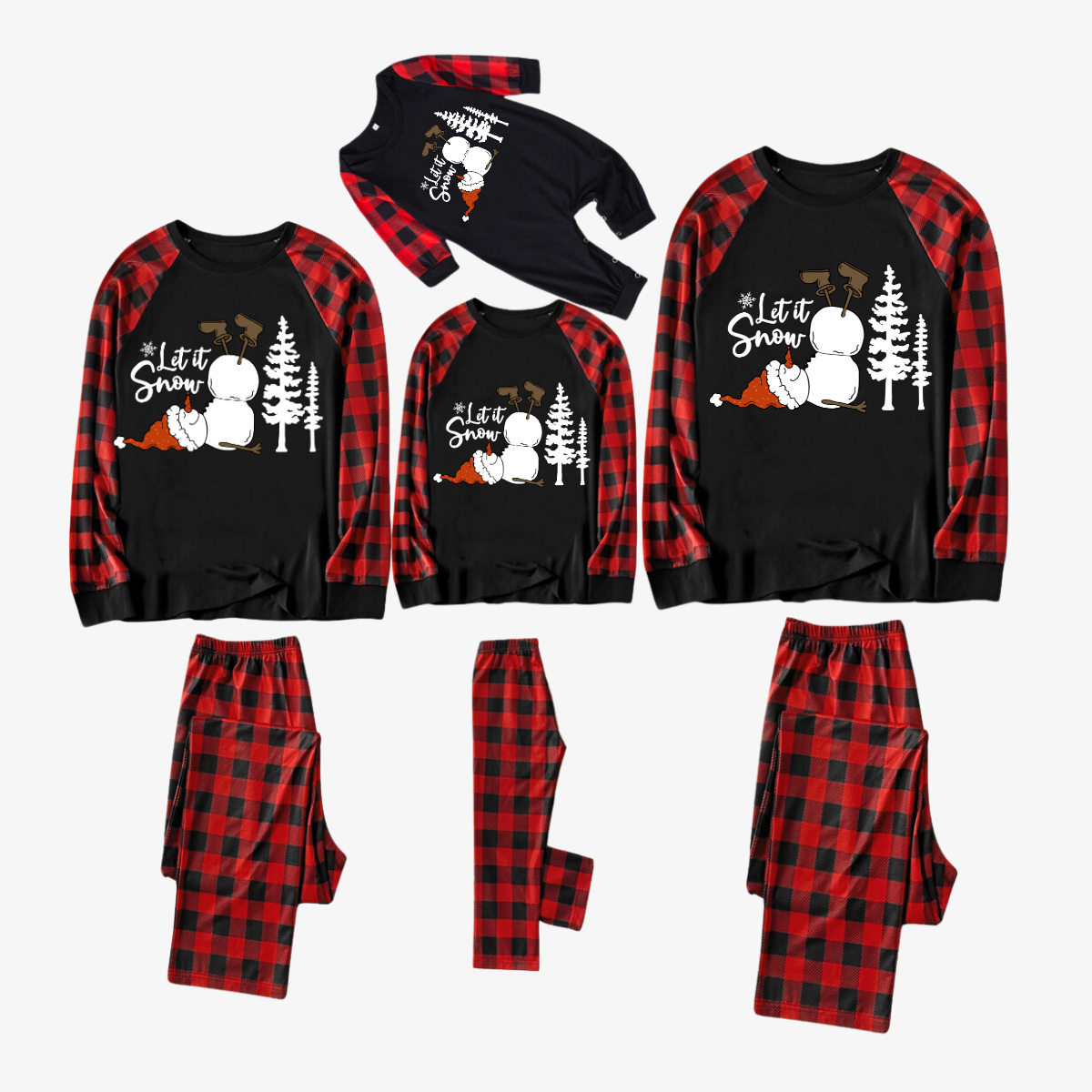 Let It Snow Snowman  Pattern Red&Black Plaid Sleeve Family Matching Pajamas Set