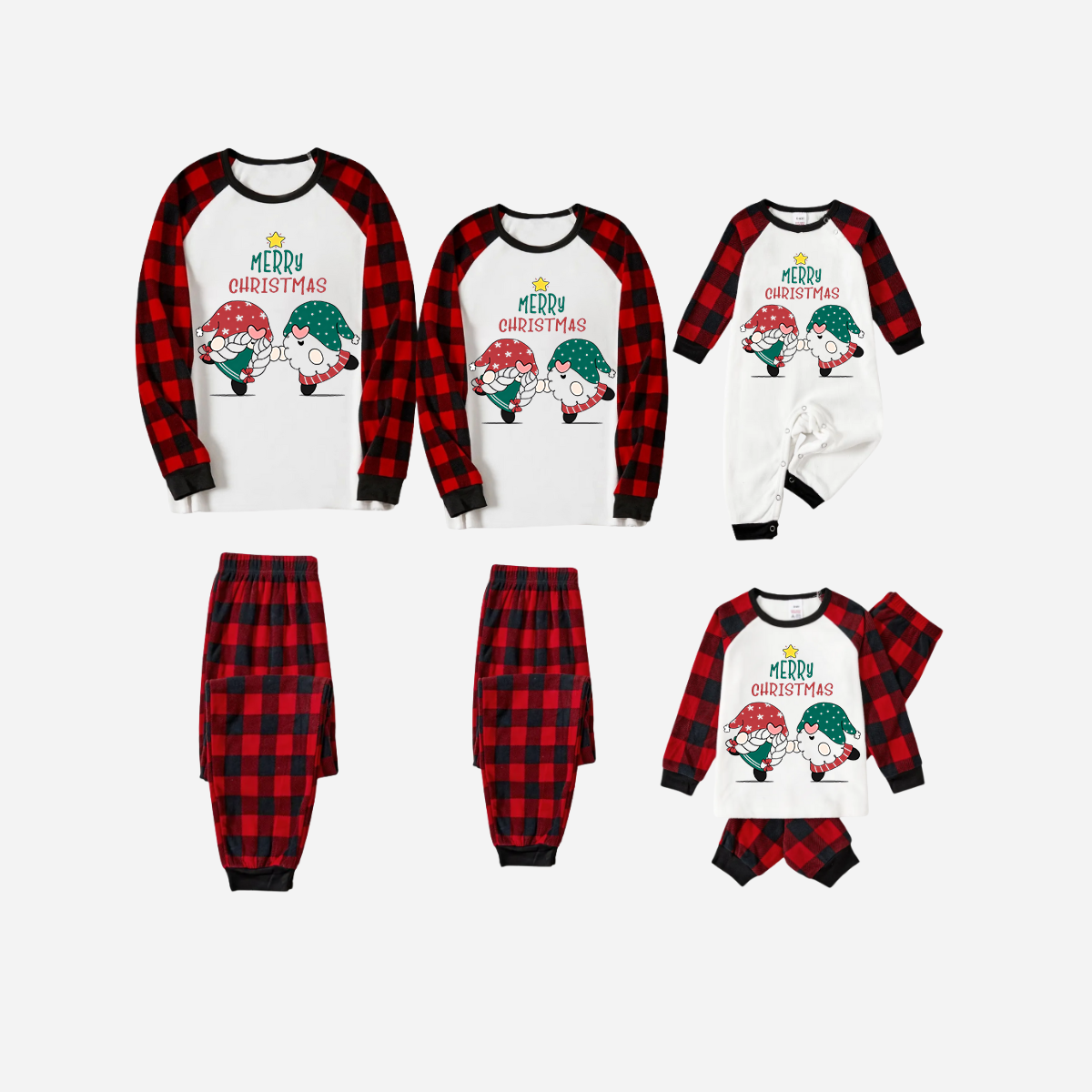 Red and Black Plaid Christmas Pajamas Set With Gnome and Merry Christmas Text Print