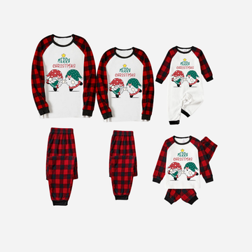 Red and Black Plaid Christmas Pajamas Set With Gnome and Merry Christmas Text Print